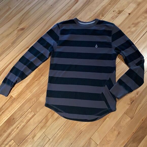 Volcom dk/light gray stripe waffle crew neck shirt - Picture 1 of 7